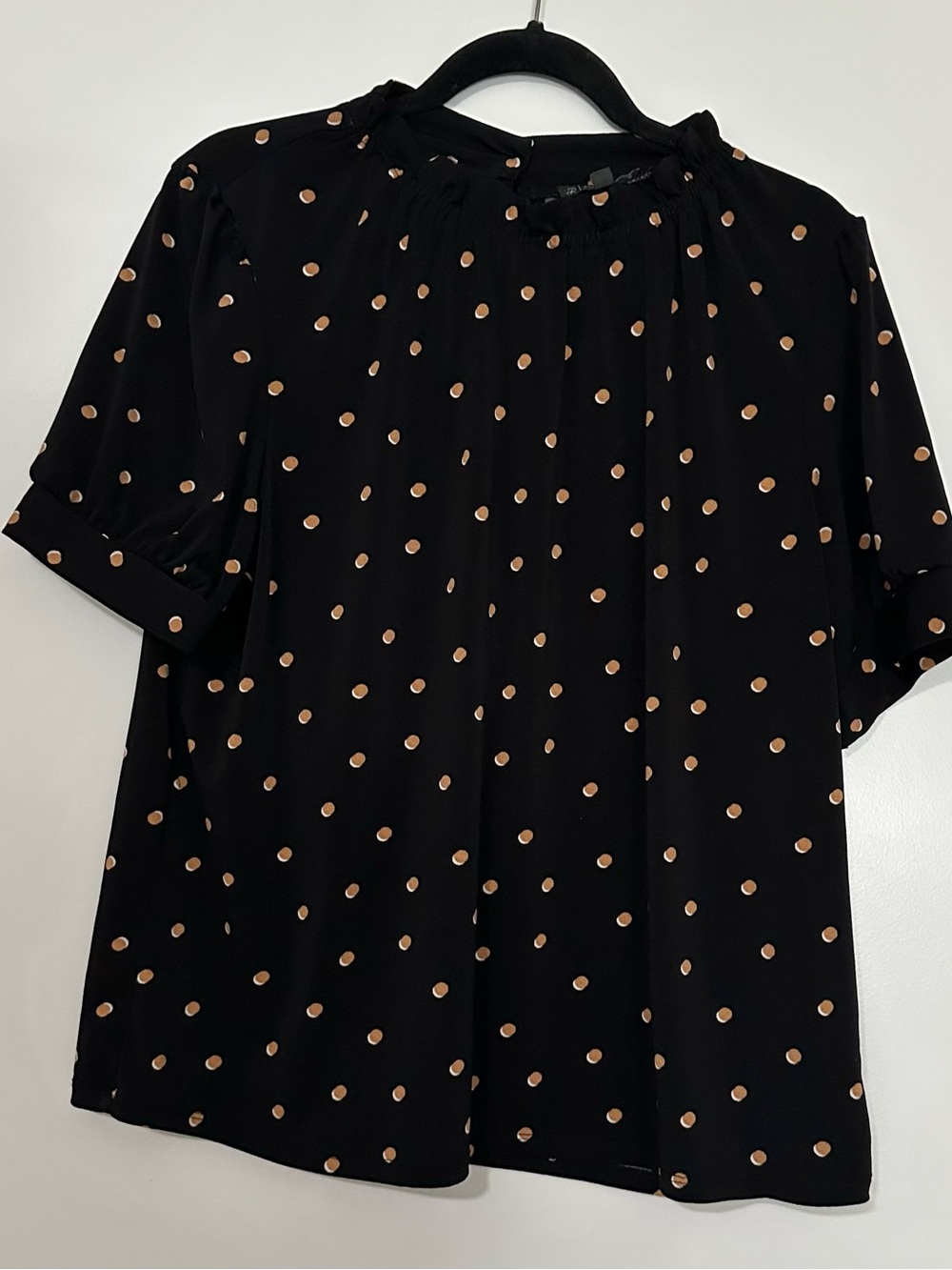 Adrianna Papell Black Blouse with Orange Polka Dot Print and Ruffle Neckline